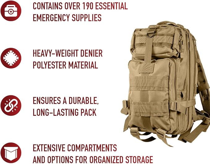 Rothco Trauma Kit Backpack - Includes Over 190 Emergency Survival Items for Any Situation - Coyote Brown