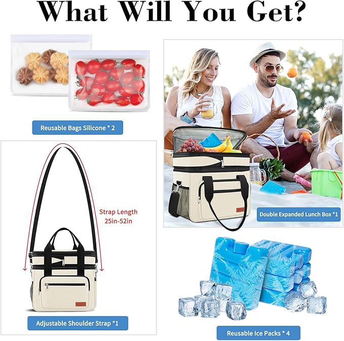 Coobiiya Large Expandable Insulated Lunch Bag Cooler Bag，12-23L Lunch Box for Men Double Deck Leakproof，Heavy Duty LunchBag Cooler Bags for Camping, Travel, Kayaking & Beach