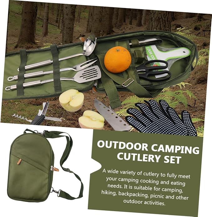 Portable Camping Cutlery Kit with Storage Bag Outdoor Picnic Tableware Set in Olive Green Wear-Resistant Utensils for Hiking Barbecue Garden and Travel Use
