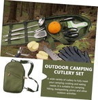 Portable Camping Cutlery Kit with Storage Bag Outdoor Picnic Tableware Set in Olive Green Wear-Resistant Utensils for Hiking Barbecue Garden and Travel Use
