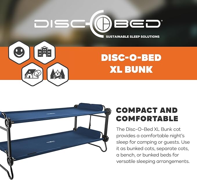 Disc-O-Bed Extra Large Portable Bunk Camping Cots with Carry Bags - Heavy-Duty Indoor or Outdoor Sleeping System, Converts to Bench or Separate Beds, 500 lb Weight Capacity Per Cot, Navy