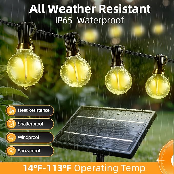200FT Solar Lights Outdoor Waterproof: G40 60M Shatterproof Bulbs Patio Lights - Solar Powered Remote Control 3 Light Modes Dimmable Solar Light - Camping Backyard Garden Deck Outside Yard