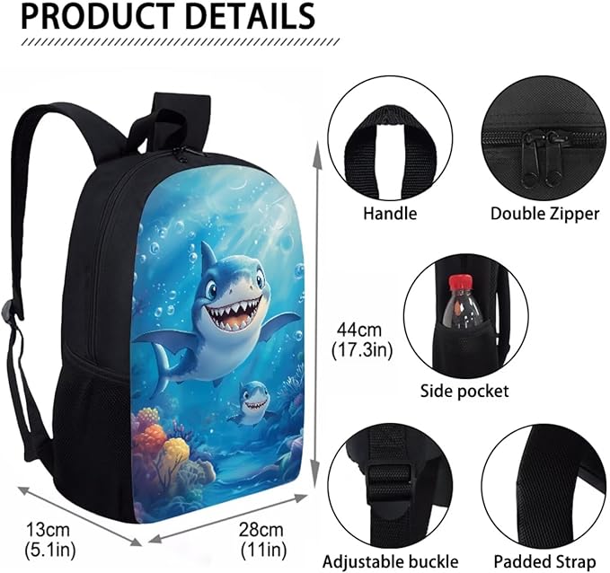 Animal Shark School Backpack Set with Lunch Box 3 Pcs School Backpack for Boys Kindergarten Middle Pencil Case Kids Travel Backpacks Mochilas Escolares Para Niños with Wrist Strap Keychain