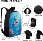 Animal Shark School Backpack Set with Lunch Box 3 Pcs School Backpack for Boys Kindergarten Middle Pencil Case Kids Travel Backpacks Mochilas Escolares Para Niños with Wrist Strap Keychain