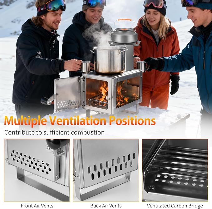 Camping Stove for Hot Tents, LAMA 304 Stainless Steel Wood Burning Stove with Stainless Wall Chimney Pipes for Tents, Shelter, Outdoor Portable Stove for Camping Heating and Cooking