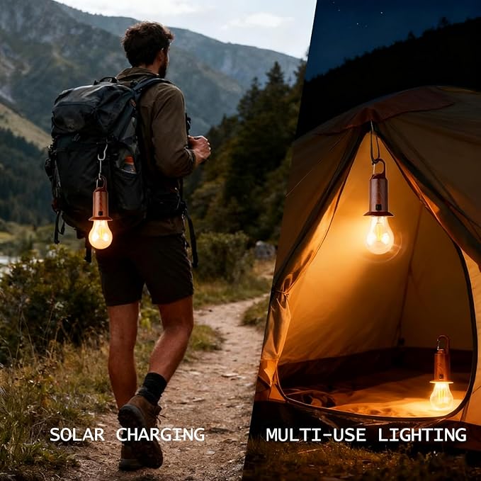 Solar Camping Lights USB Rechargeable Tent Hanging Light Bulb,Portable Outdoor Vintage LED Camping Light,Pendant Emergency Lighting Lantern for Hiking,Backpacking,Fishing,Emergency Outage(Flat bottom)