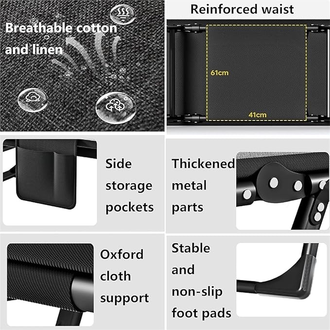 Cotton Linen Camping Cot, Space Saving Folding Bed for Adults, 6-Position Folding Chaise Lounge Chair for Indoor Outdoor