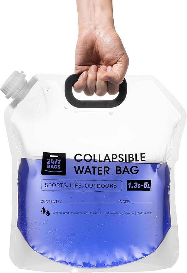 24/7 BAGS 4 Pack Collapsible Water Container Bag 1.3 Gallon/5 Liter, Heavy Duty with Carry Handles, Hikes, Trips, Weather Emergencies, and More, Foldable Water Bag