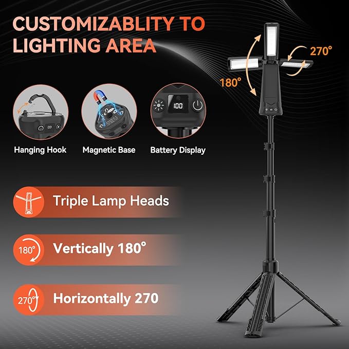 15000 mAh Rechargeable Camping Light with Stand, Cordless Work Light with 3 LED Lamp Heads, 5500 Lumens Dimmable Camping Essentials Gear Emergency Flashlight with 86" Detachable Tripod, Black