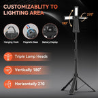 15000 mAh Rechargeable Camping Light with Stand, Cordless Work Light with 3 LED Lamp Heads, 5500 Lumens Dimmable Camping Essentials Gear Emergency Flashlight with 86" Detachable Tripod, Black