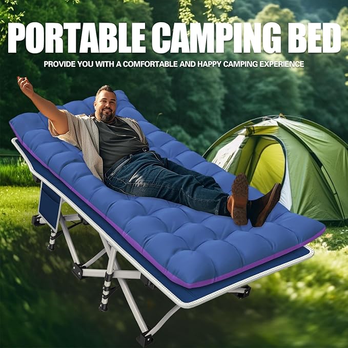 Cot Camping Cot with Thick Pad Cots for Sleeping Camping Bed Folding Cot 450LBS(Max Load) Comfortable Double Layer Oxford Heavy Duty with Carry Bag for Home Outdoor Travel