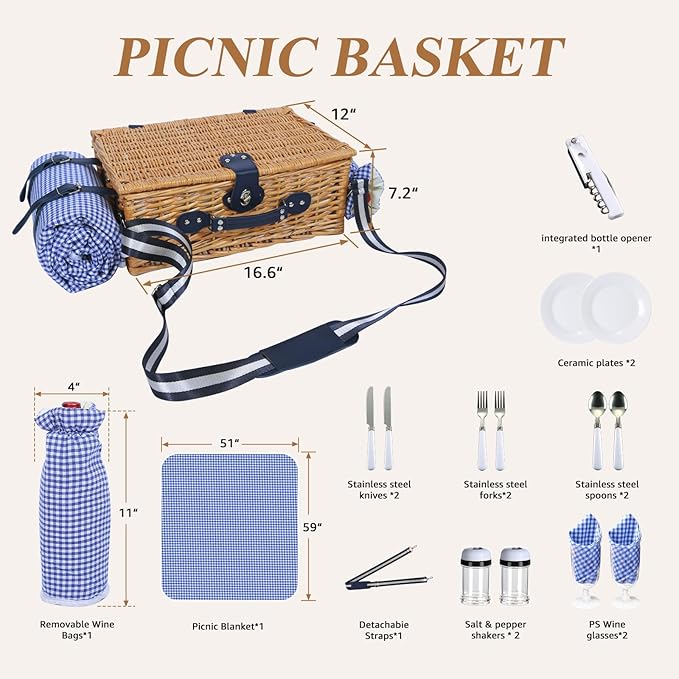 Picnic Basket for 2 with Blanket, Willow Picnic Basket Set with Shoulder Strap&Wine Pouch, Large Willow Hamper with Insulated Cooler for Outdoor, Camping, Beach, Couples, Wedding Gift