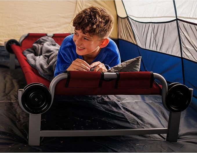 Disc-O-Bed Youth Single Cot Kid-O-Bed with Storage Organizer for Easy Gear Access & Carry Bag Transport, Indoor or Outdoor Use, Red