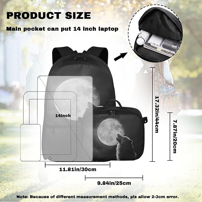 Moon Wolf Backpack for Men Cool Bookbag with Lunch Bag Large Capacity School Bag with Detachable Lunch Box for College Travel Camping Casual Book Bag