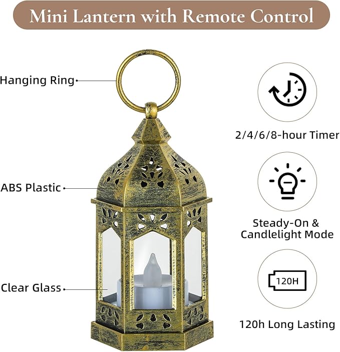 Mini Lanterns with Remote Control: 10 Pcs Gold Lantern with Timer Dimmer Table Centerpieces Decorations for Ramadan Wedding Party Camping Decor