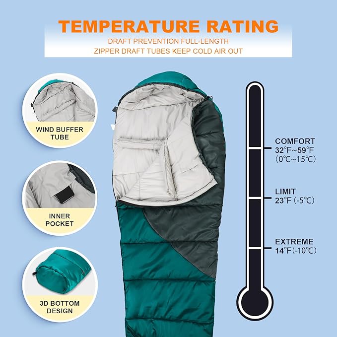 Northroad Mummy Sleeping Bag 14-59 ℉, 3-4 Season Warm & Cool Weather, Summer Spring Fall Lightweight Washable Sleeping Bag for Outdoor Camping Hiking Travel Hunting