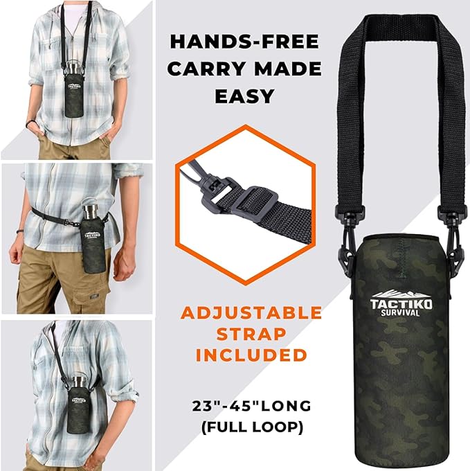 Tactiko Survival 25 oz/750 ml Stainless Steel Wide Mouth Water Bottle, Single Wall Boil-Safe, Leakproof, BPA-Free with Carry Sleeve and Strap for Camping, Hiking, Outdoor Prep (Camo)