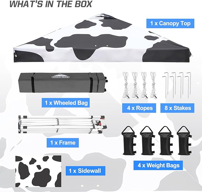 EAGLE PEAK Commercial Canopy 10x10 Pop Up Canopy Tent with 1 Sidewall, Easy Setup Heavy Duty Instant Event Shelter for Vendors & Markets, Outdoor Sun Shade, Cow Print