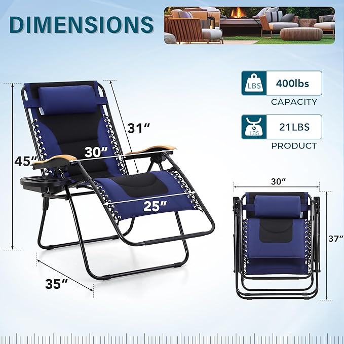 MFSTUDIO Zero Gravity Chairs Set of 2, XL Oversized Outdoor Anti Gravity Chair, Patio Lounge Folding Adjustable Chair with Cup Holder & Padded Headrest, Support 400lbs,Navy Blue