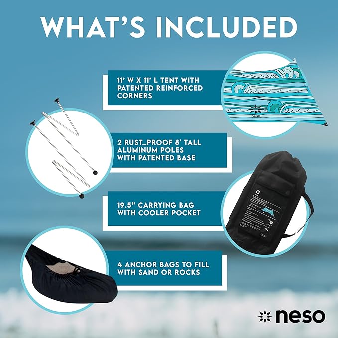 Neso Gigante Portable Beach Tent Sun Shelter - Lightweight Beach Shade Canopy - Easy Setup for Family Outings - Patented Reinforced Corners - UPF 50+ Sun Protection - 8ft Tall, 11 x 11ft - Swells