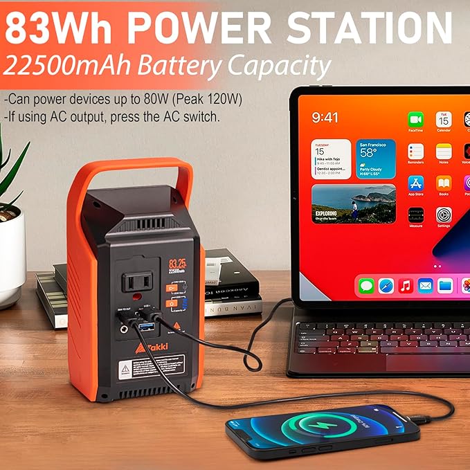 Takki Portable Power Station 83Wh Camping Solar Generator Power Bank with 110V/80W AC Outlet USB Type-C Port Camping Light Lithium Battery for Home Emergency Laptop Battery Backup