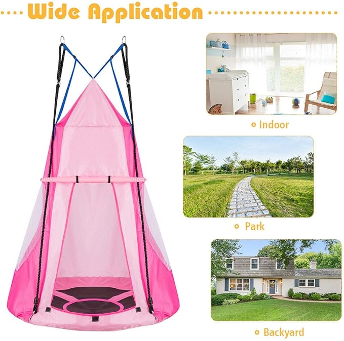 Costzon 2 in 1 Kids Detachable Hanging Chair Swing Tent Set, Hammock Nest Pod Hanging Swing Seat for Boys/Girls, Children Outdoor Indoor Swing Play House with Play Tent, Max Capacity 330 LBS (Pink)