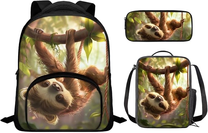 Sloth Backpack for Kindergarten Boys Kids School Backpack with Lunch Box Pencil Case 3 in 1 Rucksack Set for Elementary Primary School Book Bag