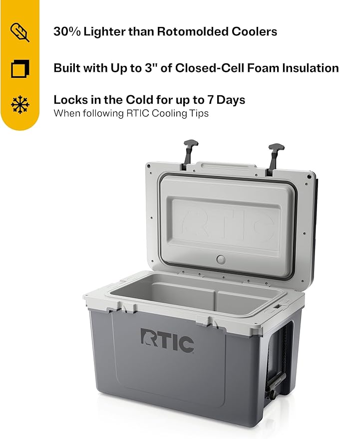 RTIC Ultra-Light 52 Quart Hard Cooler Insulated Portable Ice Chest Box for Beach, Drink, Beverage, Camping, Picnic, Fishing, Boat, Barbecue, 30% Lighter Than Rotomolded Coolers