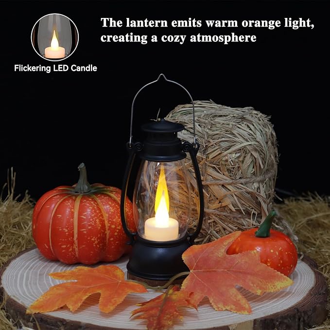 12PCS Black Mini Lanterns with Remote Control, 5.1" H/13cm (6.7" H with Handle) Vintage LED Lantern Decorative - Christmas Table Centerpieces, Western Party Decorations & Camping Party Decor