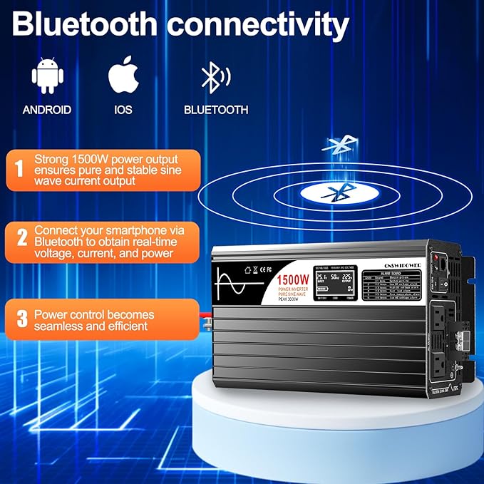 1500W (Peak Power 3000W) DC 12v to 120V AC 60HZ Pure sine Wave Solar Inverter for Home RV &Camping (DC12V (Range 10V-15V)