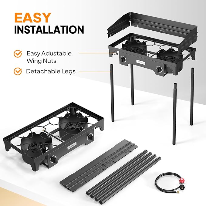 ROVSUN 2 Burner Outdoor Propane Gas Stove with Regulator, Windpanel & Carrying Bag, 150,000 BTU Powerful Stand Cooker for Backyard Cooking Camping Home Brewing Canning Turkey Frying