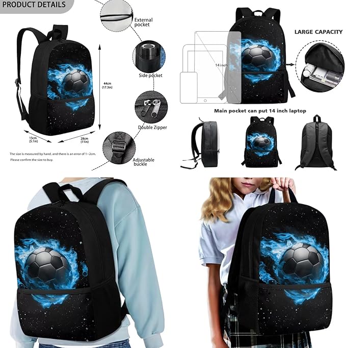 Rnyleeg Soccer Backpack for Kids 3-6 Cool Boys Bookbag Set with Lunch Box Large Capacity School Bag Set 3 Pcs for Primary School Casual Backpack with Accessories