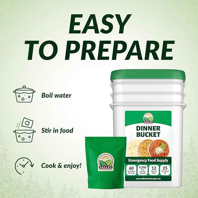 Valley Food Storage 60 Serving Dinner Bucket | Premium Emergency Food Supply with 25 Year Shelf Life | Non-GMO Survival Food, Prepper Meals, Camping & Off-Grid Living Supplies | Packaged in USA