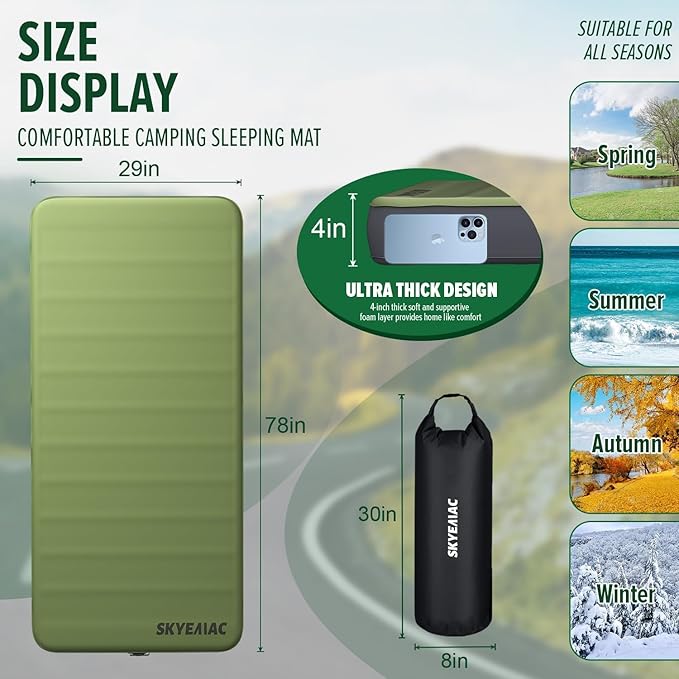 4" Thick Self Inflating Sleeping Pad with 13R Memory Foam, 78" x 29" Camping Mattress with Pump Sack, Portable Roll Up Bed, Inflatable Outdoor Mat for Rooftop Tent Car Truck Van, 4 Season
