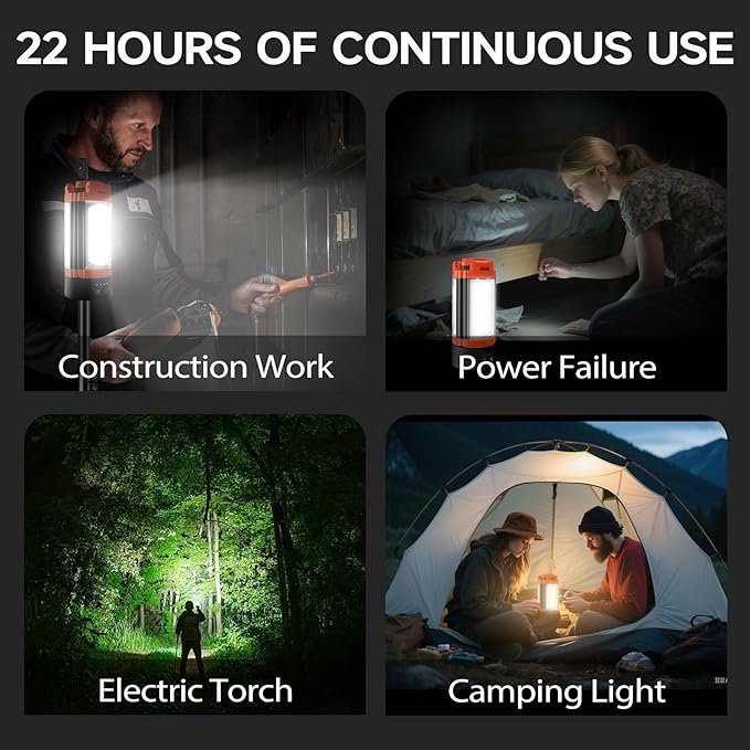 Rechargeable Camping Light with Hook and Magnet Design, 9000mAh Cordless Work Light with 3 LED Lamp Heads, 2200 Lumens Camping Essentials Gear Emergency Flashlight(NO Tripod)