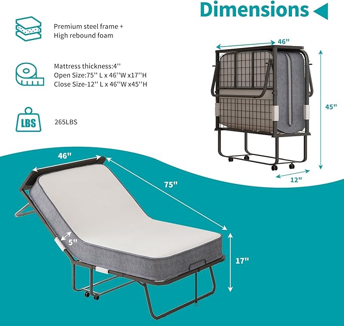 BALUS Rollaway Bed with Mattress for Adults, 75" x 46" Fold Up Bed with Headborad & Dustproof Bag, Space Saving Rollaway Beds for Guests, Foldable Sturdy Metal Frame for Bedroom/Apartment（Upgrade）