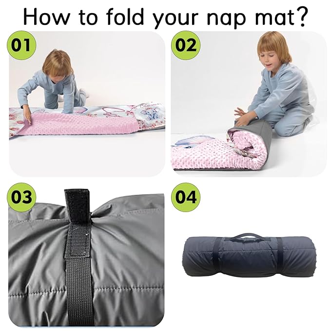 Custom Toddler Nap Mat for Preschool, Personalized Name Kids Sleeping Bag with Flower Elephant for Daycare, Roll Up Sleeping Mat with Removable Pillow and Soft Dot Minky Blanke for Girls Camping