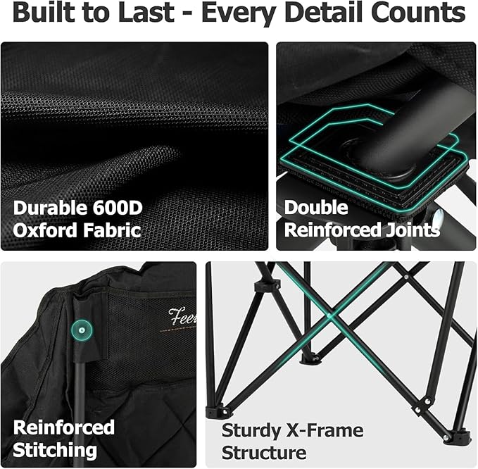 Overmont 2PCS Oversized Camping Chair for Adults - 400lbs Support Heavy Duty Padded Folding Chair with Cooling Bag Cup Holder Side Pocket Carry Bag - Comfortable Portable for Outdoor Garden Sports