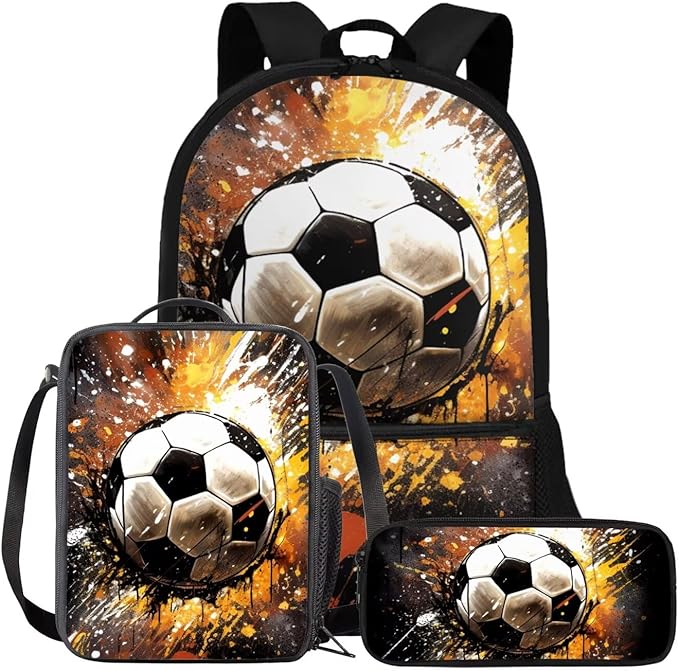 Rnyleeg Soccer Backpack for Boys 5-6 Novelty Kids Backpack with Lunch Box Large Capacity School Bag Set of 3 for Primary Students Back to School Supplies