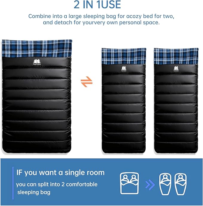 Double Sleeping Bag Cotton Flannel for Camping, Backpacking Or Hiking. Queen Size 2 Person Waterproof Sleeping Bag for Adults Or Teens. Lightweight with Compression Sack