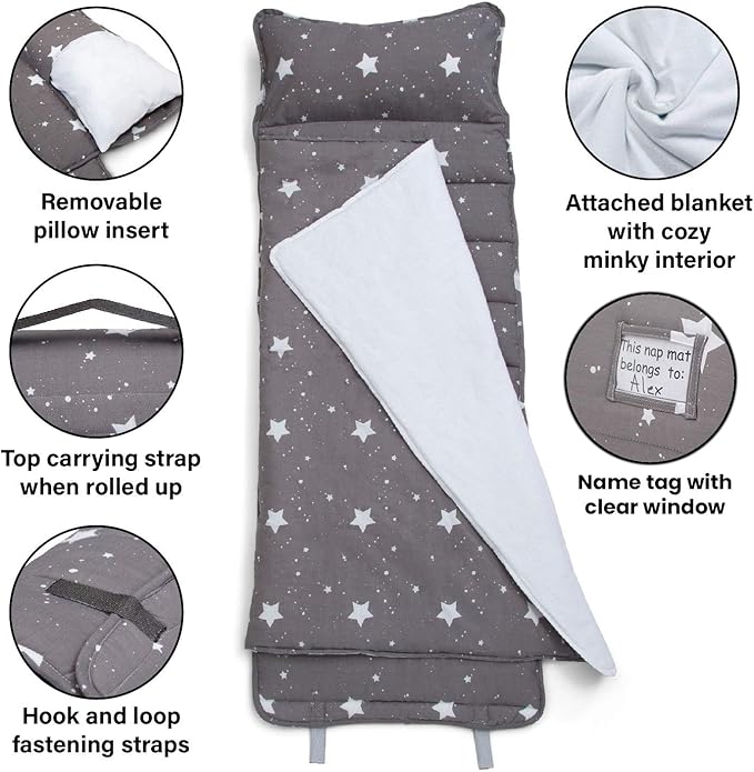 Delta Children Nap Mat - Includes Pillow & Blanket for Toddlers and Kids; Features Carry Handle w/Strap Closure and Name Tag; Rollup Design is Ideal for Preschool and Daycare; Personalization Optional