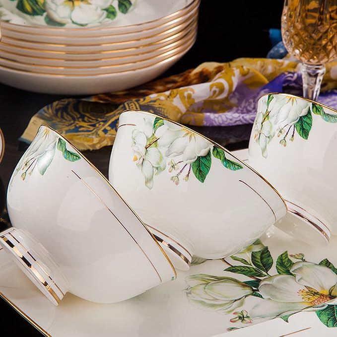 Bowl and Plate Sets White Ceramic Porcelain Decals Tableware Set Include Dinner Plate Dessert Plate Suitable for Family Hotel Restaurant