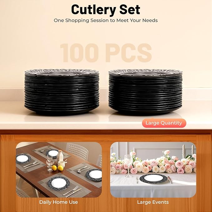 DYRABREST 100 Pcs 13 Inch Black Charger Plates, Bulk PP Wedding Chargers with Floral Reef Design Decorative Round Ruffled Rim Dinner Plates for Wedding Party Event Table Setting Decoration