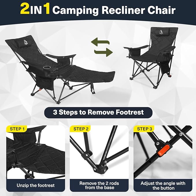 2025 Upgraded 2-in-1 Reclining Camping Chair with Footrest, Folding Beach Lounge Chair with Adjustable Backrest & Cooler, Portable Lawn Chairs for Adults Heavy Duty for Outdoor Sports