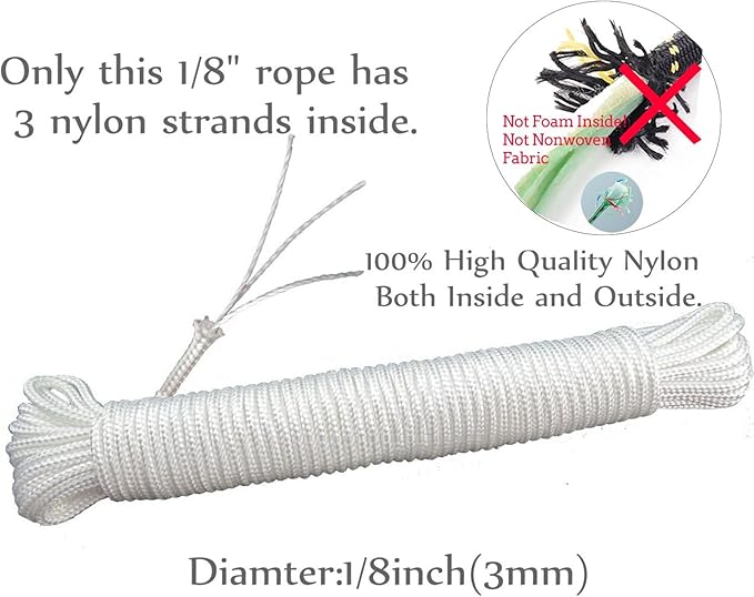 (1/8 inch) 3mm Nylon Rope 25feet Solid Braid,Multipurpose Utility Cord Line,High Strength White Utility Rope Cord Nylon Twine,Commercial, Anchors,Crafts,Blocks,Pulleys,Towing,Cargo,Tie-Downs(25ftx2)