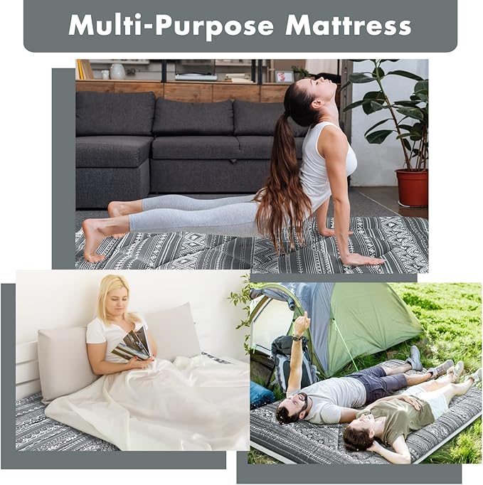 Japanese Floor Futon Mattress - Thicken Sleeping Foldable & Portable Roll up Camping Mattress, Bohemia Black Twin