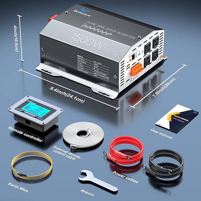 1500W Pure Sine Wave Inverter 12V DC to 110V/120V AC Converter, 3000W Peak, LCD Remote Control, 4 AC Outlets, USB & Type-C – for RV, Truck, Camping, Off-Grid Solar, Emergency Power