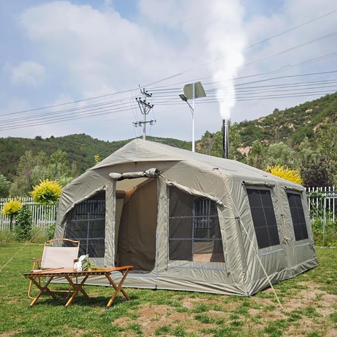 4 Season Inflatable Camping Tent with Separate Living and Sleeping Area,3000mm Waterproof Pop-Up Tent with Pump and Stove Jack Hole,4-6 Person Glamping Tent