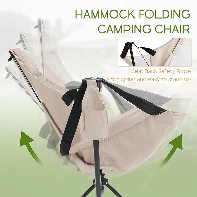 Hammock Folding Camping Chair - Outdoor Portable Swing Camp Chairs Set of 2 with Stand Adults Rocking Swinging Chair for Beach Lawn Patio (Khaki)