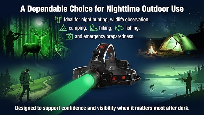 GRACETOP Green LED Headlamp Rechargeable, Zoomable Headlamp with 3 Modes, Hands-Free IPX4 Waterproof for Hunting, Hiking, Camping & Fishing